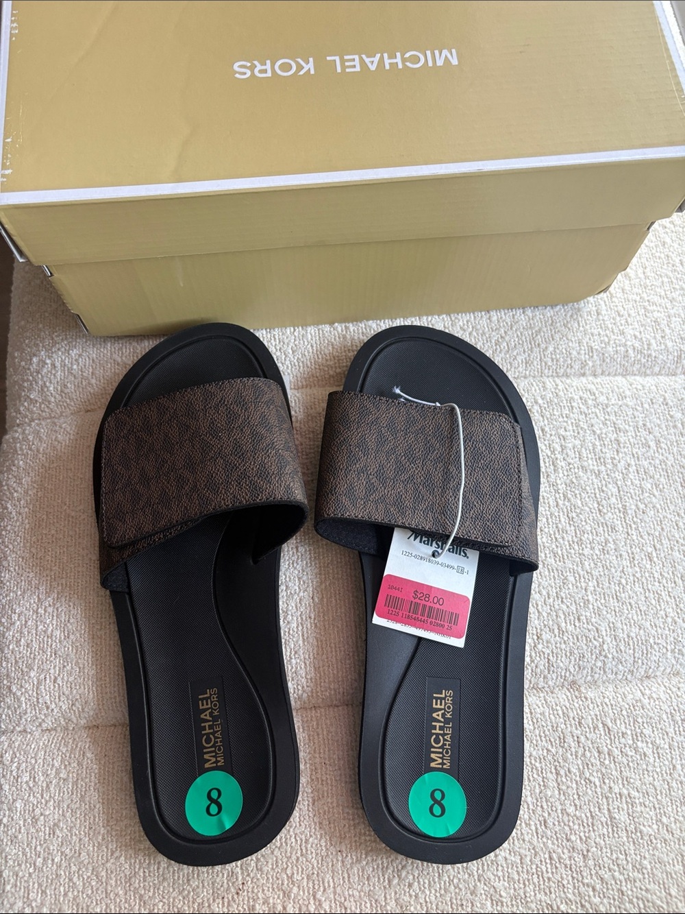Michael Kors Brown Logo-Print Slide Sandals